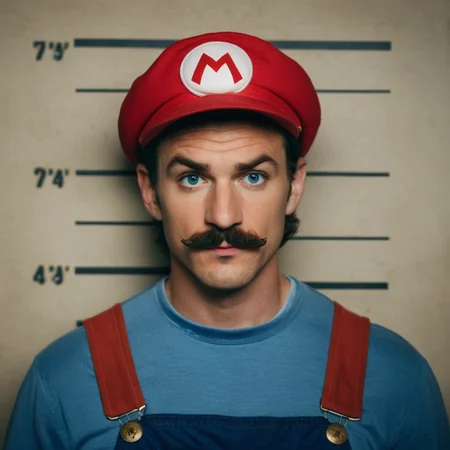 cinematic film still of <lora:Mugshots style:0.8> (((mugshot wall)))
A Mugshot photo of super Mario bros. a man in a red hat and overalls is mugshoting behind a mugshot wall,solo,looking at viewer,blue eyes,brown hair,shirt,1boy,hat,closed mouth,upper body,male focus,english text,facial hair,red shirt,red headwear,realistic,mustache,overalls,blue overalls,mario , mugshot style, shallow depth of field, vignette, highly detailed, high budget, bokeh, cinemascope, moody, epic, gorgeous, film grain, grainy