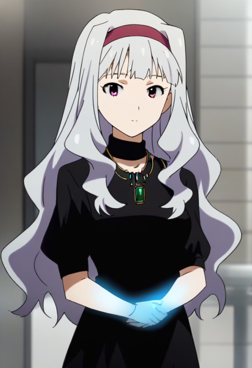 source_anime, uncensored, nsfw, <lora:Takane_Shijou_The_iDOLMSTER_2011_anime_art_style:.8>1girl, solo, grey hair, long hair, purple eyes, breasts, Takane black dress with green brooch outfit , purple hairband, jewelry, necklace, pendant, dress,