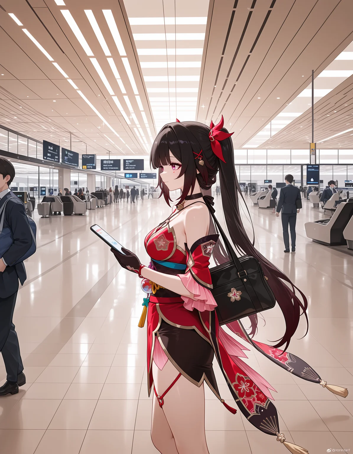 <lora:midis_Airport_V0.51[IL]:1>, airport, sparkle \(honkai: star rail\),, masterpiece,best quality, very aesthetic,absurdres,newest,