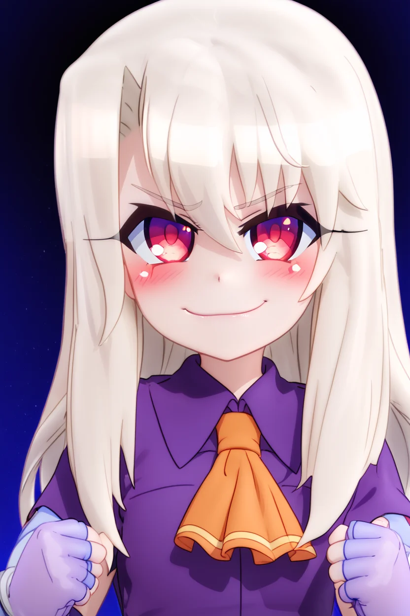 score_9, score_8_up, score_8, medium breasts, (curvy), cute, eyelashes, BREAK, <lora:PrismaIllya_PDXL_v3:0.7>, 1girl, solo, long hair, blush, smile, bangs, shirt, red eyes, gloves, hair between eyes, upper body, white hair, :d, fingerless gloves, v-shaped eyebrows, ascot, parody, clenched hands, purple shirt, smug, illyasviel von einzbern <lora:MantisStyle_PDXL_v2:0.8>, BREAK, smile, looking at viewer, cowboy shot, embedding:zPDXL, Expressiveh, <lora:SDXLFaeTastic2400:0.5>, <lora:Expressive_H-000001:0.4>,