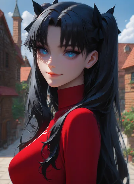 artist:, masterpiece, best quality, newest, very awa, absurdres, highres, dprd, 1girl, tohsaka rin \(fate stay night\), lips, blue eyes, black hair, smile, looking at viewer, daytime, town, brick houses, detailed, <lora:DeepRed-Style:1.0>