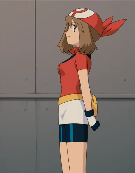 official style,may (pokemon), pokemon (anime), 2000s,brown hair, blue eyes, red bandana, red shirt, short sleeves, gloves, white pouch, white skirt, short skirt, pencil skirt, bike shorts,(((solo)))(standing:1.5),
explicit,(anime screencap), 2d cel anime,anime cap,anime,anime style,anime cel,cell shadedsoft brightness,perfect face,perfect nose, perfect hair, perfect eyes,perfect female body,perfect skin,a face of perfect proportion,perfect lighting,perfect anatomy,perfect proportion,perfect hands,perfect legs,perfect fingers,masterpiece,hair between eyes,
breasts,
perky breasts,best quality,very aesthetic,absurdres,16k,intricate detail,amazing quality,(bold:3.12),thick outline,black outline,harsh lines,soft lines,deluster,boldline,curvy,(anime coloring:1.2), smile,slim,Stadium,,day,coliseum,(pink:-1),
looking at viewer,
(from side:2.5),
super fine illustration,detailed linework,vibrant colors,kawaii,flat color,outdoors, <lora:ãã±ããã¢ã³ã¹ã¿ã¼ãã«ã«åå ´çã¢ãã¡ä½ç»é¢¨illustriousV1.1PokemonMayMOVIE_ANIME_StyleillustriousV.1.1:1:0.8>