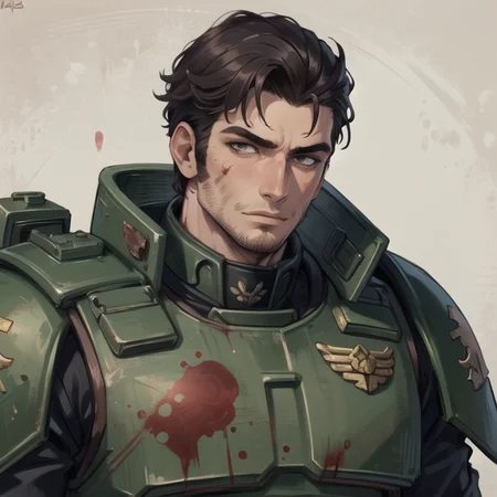 ((masterpiece)), (best quality), (detailed), handsome man, bara, muscular,portrait,soft smile, <lora:warhammer 40k imperial guardsman:1>40k imperial guardsman,blood,stubble,bark background,warzone, fires,solo,