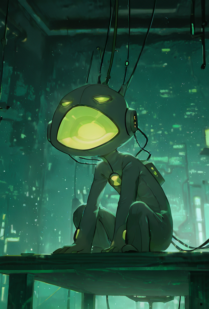 <lora:echoecho-10:1> echoecho, male focus, 1boy, no humans,white bodysuit, green eyes, green mouth, angry, , glowing mouth, glowing eyes,  cables, green ligh, lab, machines, sitting on table, hanging pieces, horror, side view, <lora:WSSKX_WAI:1>, masterpiece, best quality, amazing quality, very aesthetic, absurdres, newest,