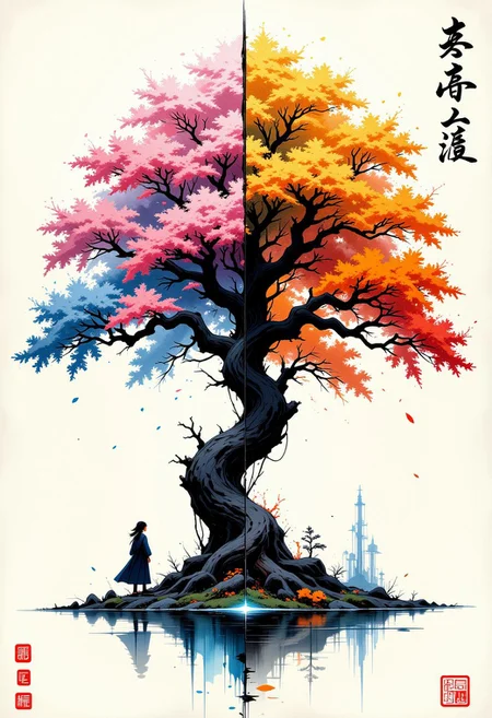 Poetic sumi-e of a single majestic tree whose foliage is very huge. The whole picture is split into four equal quadrant and the foliage of the splits into four according to the quadrant , each representing a different season.
Upper Left (Spring): The branches burst with ethereal pink cherry blossoms, glowing with a soft rose light and scattering delicate petals in a misty, pearl-colored sky.
Upper Right (Summer): Verdant branches flourish with rich green leaves and small golden fruits,
Lower Left (Autumn): Branches adorned with brilliant orange and gold leaves that seem to catch fire,
Lower Right (Winter): Crystalline branches covered in luminous ice-blue frost patterns, with a ethereal blue-white glow
The tree should appear as one unified organism at its base, with its trunk seamlessly dividing into these four seasonal aspects. .An asymmetrical composition guides the eye through bold brush strokes and intricate detailing, where the interplay of shadow and light brings the vessel to life. Minimal red seal marks anchor the lower corner, harmonized by calligraphic kanji that convey the transient nature of existence. The scattered ship elements embrace deliberate imperfections, celebrating wabi-sabi principles—some defined by a single masterful brushstroke, others shaped through a textured dry-brush technique. Subtle indigo undertones suggest twilight dissolving into evening, encapsulating the melancholic beauty of nature’s shifting moments through the profound lens of yugen.