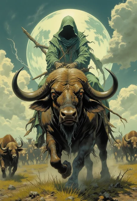 Comic book style 8k high quality digital painting , masterpiece, very detailed, ultra realistic, (best quality) very detailed epic masterpiece, sice view, a ghostly transparent specter of a Native American is riding on a big buffalo, the buffalo is very anxious, saliva on its snout, many othe buffalos running in the background stampede, dramatic sky, scary scene, action, scary, best quality, epic scene, Dungeons and dragons atmosphere, heroic fantasy, fna_style, Comic book style