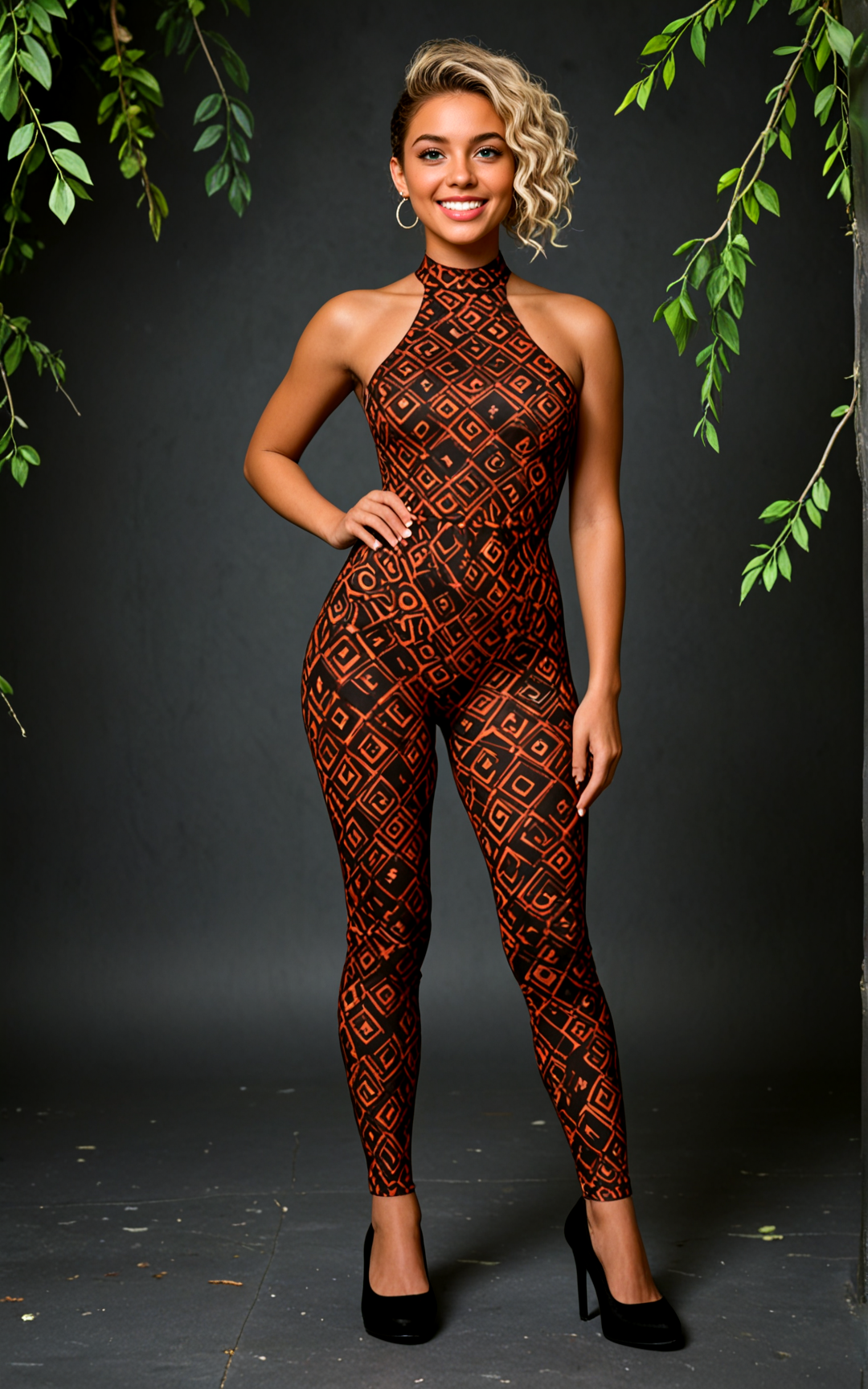 <lora:pytorch_lora_weights_361535:1>,(full body photo:1.4),(full body:1.4),(full shot:1.4),(full body shot:1.4),,A 26 year old Somali Woman,[[[green eyes,eyebrow piercing,long,Light blonde kinky hairs,Curly Ponytail cut,   effect ,Excited expression, Wide eyes, big grin, raised eyebrows,Glittery bronze eyeshadow with a dramatic cat eye and a rich plum lipstick]]],mocha skin,(average body:1.1),,medium Perky breasts,Dressed in create powerful and varying colors patterns Wine Red and Black Chevron Yoga Outfit, (shoes:1.2),,an idyllic lakeside scene with a charming waterfall, where colorful foliage surrounds the water, enhancing the romantic and peaceful mood,A vibrant summer night filled with the sounds of nature. The moon casts a silvery glow over everything, creating a magical and serene atmosphere perfect for reflection,, score_9, score_8_up, score_7_up