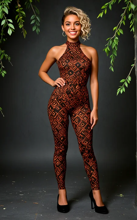<lora:pytorch_lora_weights_361535:1>,(full body photo:1.4),(full body:1.4),(full shot:1.4),(full body shot:1.4),,A 26 year old Somali Woman,[[[green eyes,eyebrow piercing,long,Light blonde kinky hairs,Curly Ponytail cut,   effect ,Excited expression, Wide eyes, big grin, raised eyebrows,Glittery bronze eyeshadow with a dramatic cat eye and a rich plum lipstick]]],mocha skin,(average body:1.1),,medium Perky breasts,Dressed in create powerful and varying colors patterns Wine Red and Black Chevron Yoga Outfit, (shoes:1.2),,an idyllic lakeside scene with a charming waterfall, where colorful foliage surrounds the water, enhancing the romantic and peaceful mood,A vibrant summer night filled with the sounds of nature. The moon casts a silvery glow over everything, creating a magical and serene atmosphere perfect for reflection,, score_9, score_8_up, score_7_up