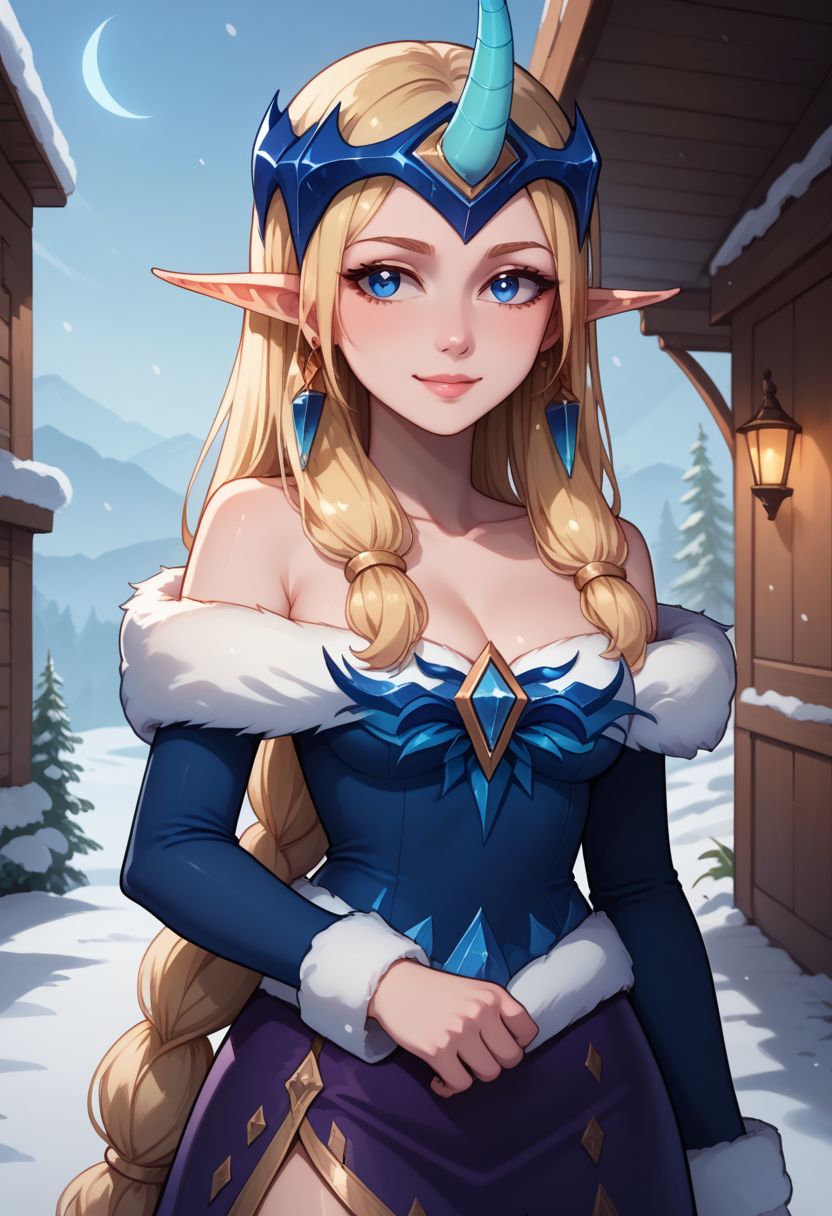 score_9, score_8_up, score_7_up, source_anime, 1girl, wwsoraka, pointy ears, blonde hair, blue eyes, braid, horns, single horn, medium breasts, bare shoulders, collarbone, earrings, jewelry, fur trim, blue dress, long sleeves, cleavage, off shoulder, purple skirt, snow, snowing, standing, light smile, looking at viewer, outdoors, grabbing own breast, <lora:wwsoraka_v1-000010:1>