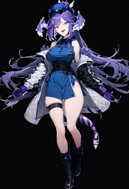 masterpiece, best quality, ultra-detailed, beautiful, nai3, 1girl, solo, full_body, tachi-e,
selen tatsuki, boots, dress, tail, dragon tail, hat, blue dress, official alternate costume, dragon girl, sleeveless, ponytail, belt, smile, gloves, long hair, breasts, open mouth, very long hair, thigh strap, simple background, hair ornament, jacket, bangs, hairclip, fang, wings, black footwear, looking at viewer, black belt, pointy ears,