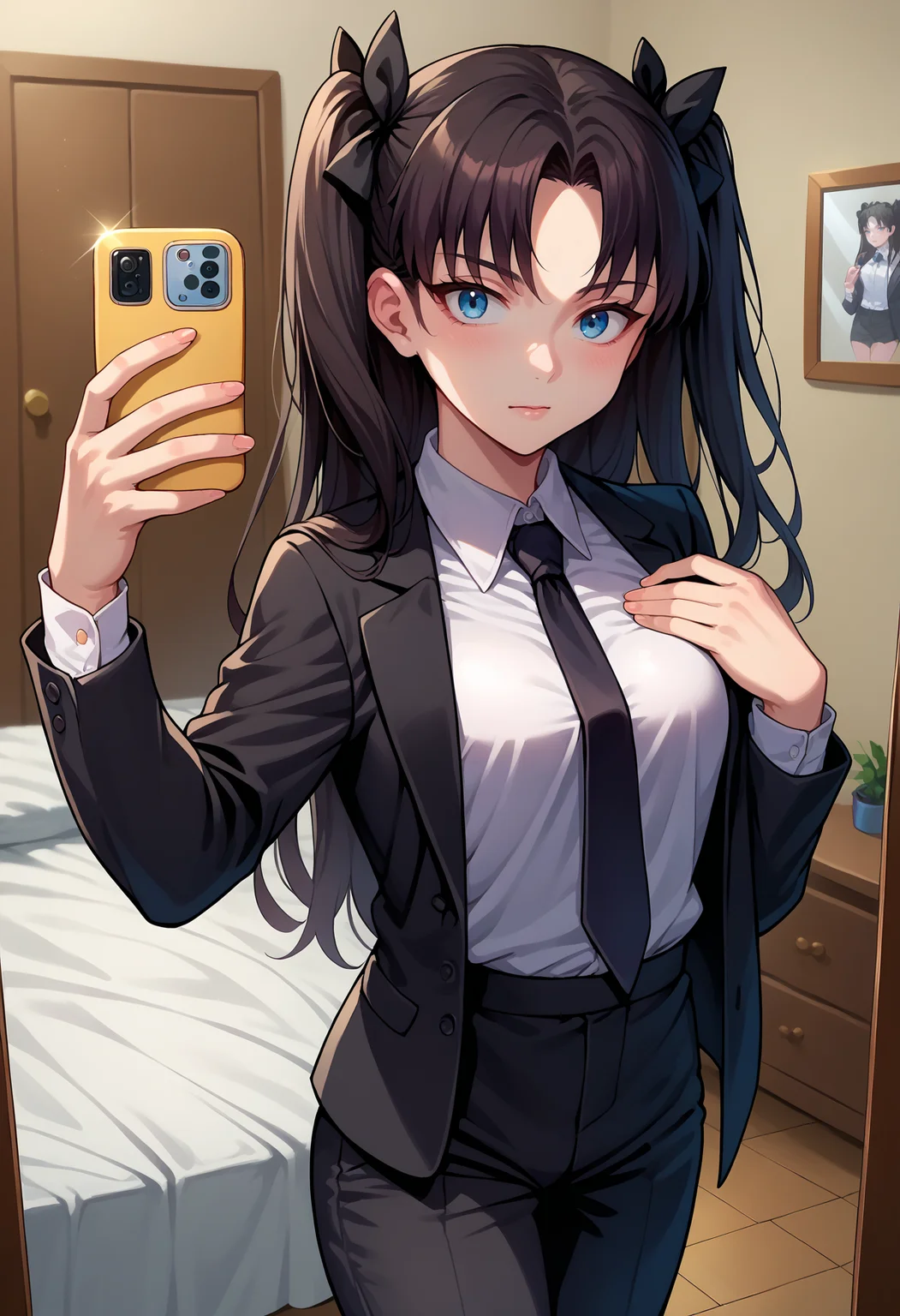 score_9, score_8_up,score_7_up, source_anime, 1girl, solo, <lora:EPfsnRinPony:1.0>, EPfsnRin, long hair, black hair, two side up, twin-tails, blue eyes, business suit, black pants, white collared shirt, black suit, black jacket, black necktie, selfie, taking picture, mirror selfie, bedroom, bed, mirror,