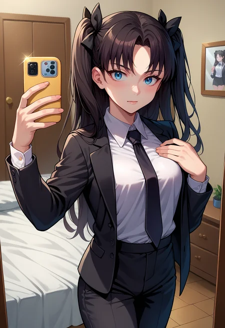 score_9, score_8_up,score_7_up, source_anime, 1girl, solo, <lora:EPfsnRinPony:1.0>, EPfsnRin, long hair, black hair, two side up, twin-tails, blue eyes, business suit, black pants, white collared shirt, black suit, black jacket, black necktie, selfie, taking picture, mirror selfie, bedroom, bed, mirror,