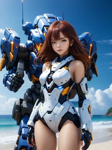 1girl,mecha,full_shot,(best quality, 8k, High resolution, Highly detailed, very attractive),<lora:JACG1.0:1>,beach,