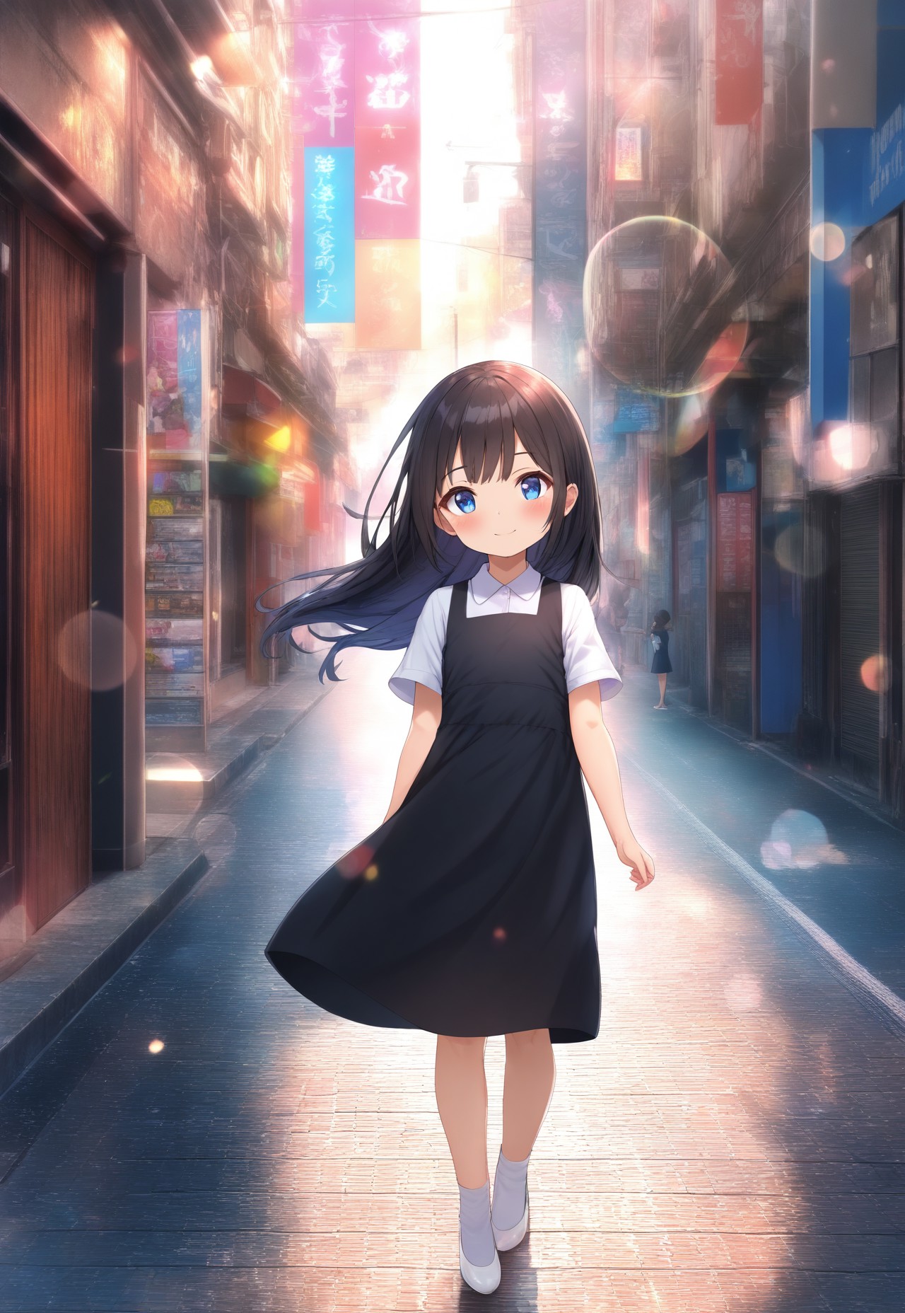 masterpiece, best quality,amazing quality,(1girl), solo,(depth of field),(solo focus),8K,HDR,(ultra high res),(highres),(full body),(lens flare),smile,blush,(black hair),(long hair),(blue eyes),(floating hair), sidelocks,(malaysian secondary school uniform),(pinafore dress),(black skirt),(black pinafore),(collared shirt),(white shirt),(short sleeves),(white socks),(short socks),(white footwear),(ballet flat),(outdoor),(cityspace),(city),(street),(lampost),(standing),(looking at viewer),child