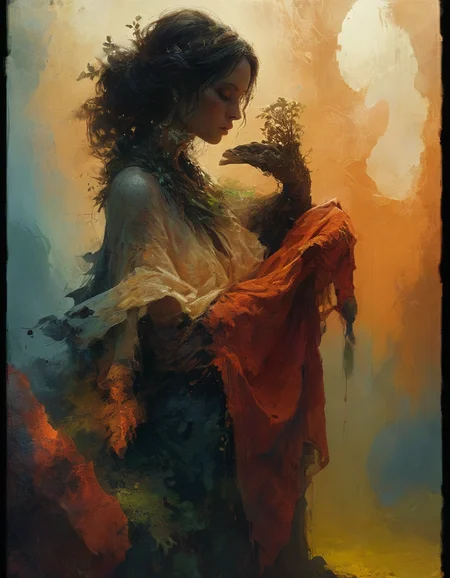 illustration, concept art, dynamic composition, An Aboriginal woman, draped in tattered cloth, sits atop a moss-covered, intricately carved stone sculpture within a cave. The scene evokes a sense of mystery and forgotten knowledge, with the woman as its silent guardian, treading on artstation, (style of Pascal Blanché, Mark Demsteader, Craig Mullins, Okuda San Miguel, Tom Bagshaw, artgerm:1.2)