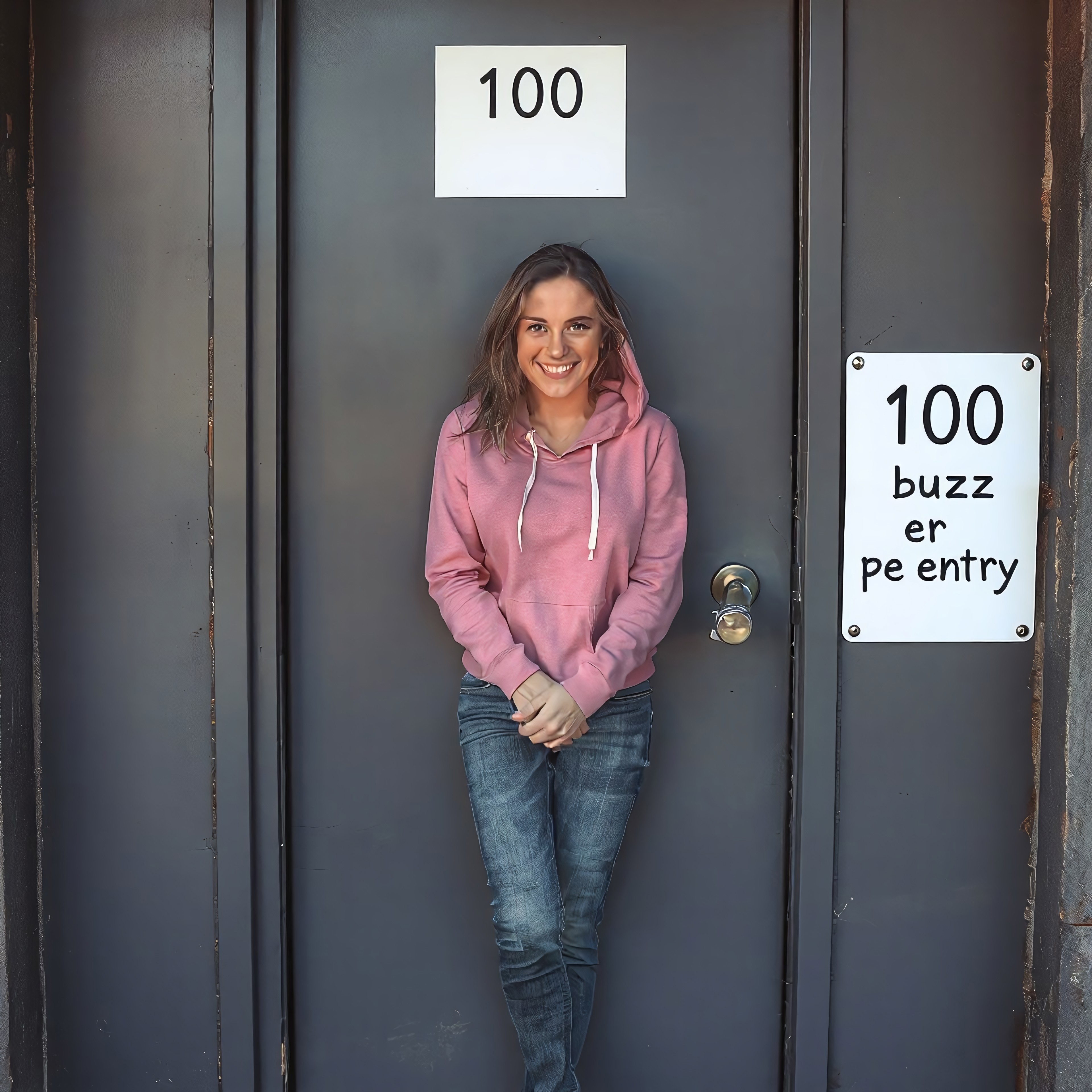 a locked door with a white sign that reads "100 buzz per entry". Outside the door there is a woman 26 years old model. Very clearly desperate to pee. Wearing jeans. Wearing pink hoodie. Squeezing legs together tightly. Crossed legs. Very desperate to pee. Door is closed. She is looking at viewer. She is smiling. She really need to pee.