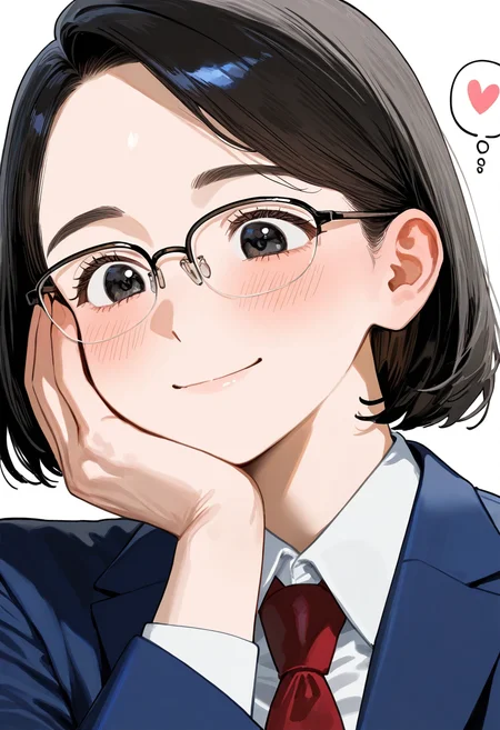 halfrim22A, over-rim eyewear, black-framed eyewear,
1girl, solo, black eyes, black hair, bob cut, bangs, collared shirt, red necktie, blue blazer, blush, smile, happy,
simple background, white background, portrait, upper body, looking at another, look down, looking to the side, hand on own cheek, heart, thought bubble, spoken heart,
masterpiece, best quality, amazing quality, very aesthetic, absurdres,
<lora:glasses_halfrim22A_Illustrious_V1L:0.7>