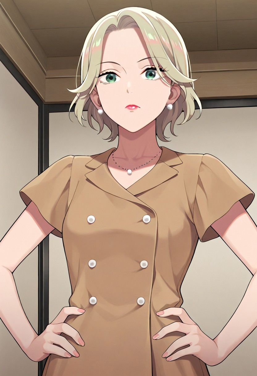 masterpiece,best quality,amazing quality, kudou hazuki, short hair, blonde hair, green eyes, 1girl, jewelry, solo, necklace, earrings, lipstick, buttons, makeup, hands on hips, indoors, short sleeves