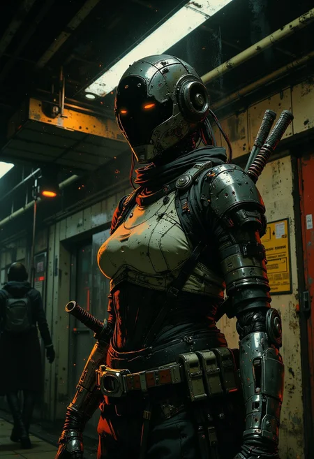 a cyberpunk robot samurai woman, robot face with mirrored face shield, robot joints, body made of metals, cables and wires, silver armour, holding a katana by the hilt, in a cyberpunk subway station, dim lighting from overhead strip lighting, silhouetted in the gloom. Perfect Composition, realistic photographic image, RAW photo highest quality, perfect directional lighting, mythp0rt