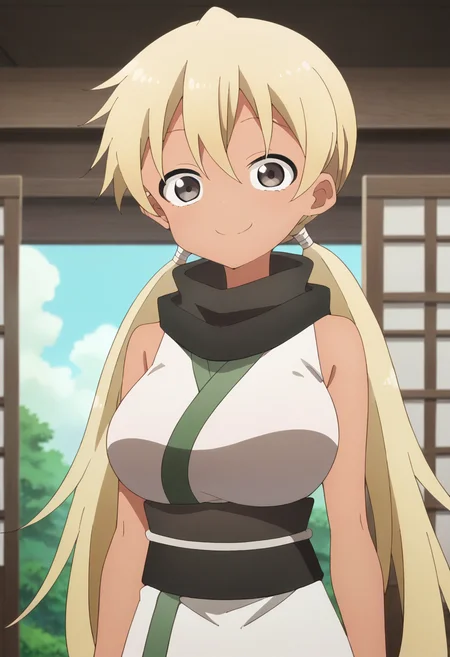 1girl, solo, asagao, long hair, breasts, bangs, blonde hair, large breasts, hair between eyes, bare shoulders, twintails, very long hair, japanese clothes, sleeveless, dark skin, kimono, scarf, dark-skinned female, grey eyes, bare arms, low twintails, black scarf, sleeveless kimono,<lora:PonyXL Asagao:1>, score_9, score_8_up, score_7_up, score_6_up, score_5_up, score_4_up , anime coloring ,BREAK source_anime, anime,
looking at viewer, smile, (upper body),
indoors, japanese room,