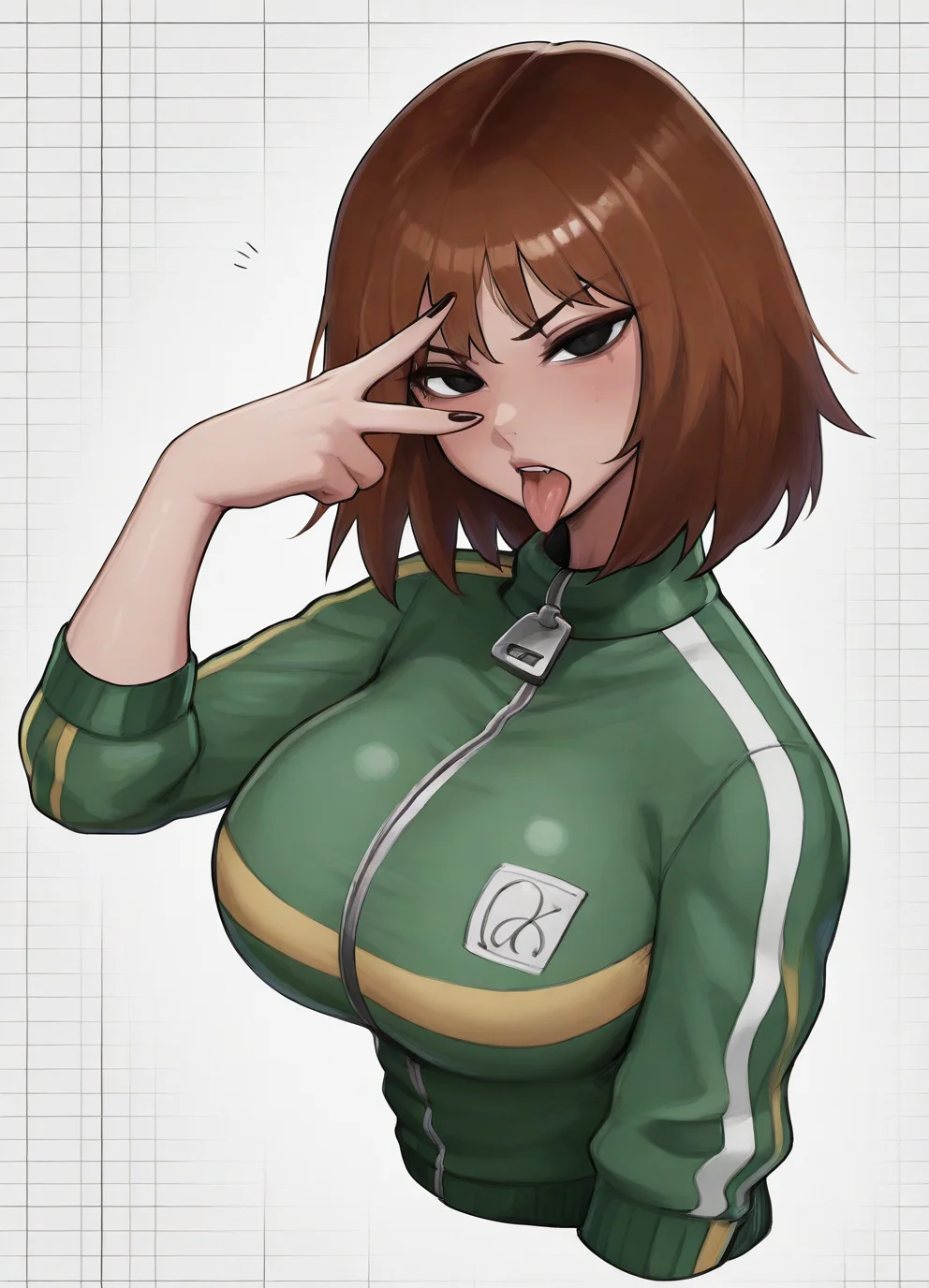 <lora:aelionILLUS:1> aelion,,
(masterpiece), (best quality), (ultra-detailed), amazing quality, very aesthetic, illustration, perfect composition, intricate details, absurdres, incredibly absurdres, shiny skin, realistic,
dynamic pose, perspective,
kim_pine, 1girl, green jacket, tongue out, brown hair, v over eye, short hair, looking at viewer, breasts, upper body, black eyes, black nails, track jacket, grid background, signature, cropped torso <lora:kimpineILLUS:1>