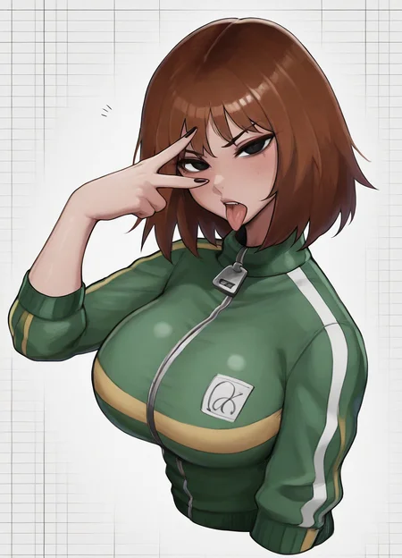 <lora:aelionILLUS:1> aelion,,
(masterpiece), (best quality), (ultra-detailed), amazing quality, very aesthetic, illustration, perfect composition, intricate details, absurdres, incredibly absurdres, shiny skin, realistic,
dynamic pose, perspective,
kim_pine, 1girl, green jacket, tongue out, brown hair, v over eye, short hair, looking at viewer, breasts, upper body, black eyes, black nails, track jacket, grid background, signature, cropped torso <lora:kimpineILLUS:1>