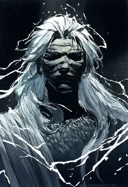 score_9, score_8_up, score_7_up, Watercolor painting, charcoal sketch, Calcharo, wuthering waves, looking at camera, surrounded by white electricity, detailed, masterpiece, black background