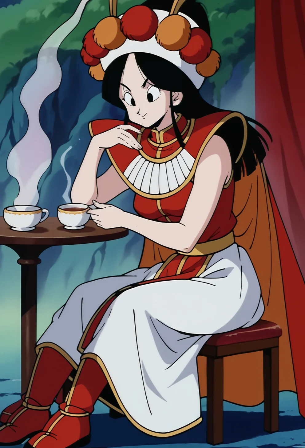 score_9,score_8_up,score_7_up,score_6_up, BREAK annin, retro artstyle, 1girl, solo, black hair, black eyes, medium breasts, red vest, white skirt, red shoulder armor, white headband, pom pom \(clothes\),fake antennae,red cape,looking at viewer,, blue cliff,blue wall, fog, sitting,on chair,table, holding cup, pastry,red pelvic curtain,orange antennae, red boots,blue ground,tea,food,(from side:0.7),white armor vertical stripes, <lora:AnninPonyV2:1>