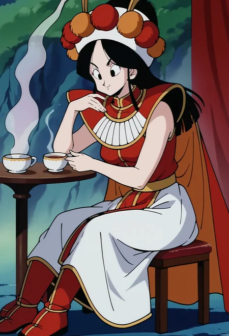 score_9,score_8_up,score_7_up,score_6_up, BREAK annin, retro artstyle, 1girl, solo, black hair, black eyes, medium breasts, red vest, white skirt, red shoulder armor, white headband, pom pom \(clothes\),fake antennae,red cape,looking at viewer,, blue cliff,blue wall, fog, sitting,on chair,table, holding cup, pastry,red pelvic curtain,orange antennae, red boots,blue ground,tea,food,(from side:0.7),white armor vertical stripes, <lora:AnninPonyV2:1>