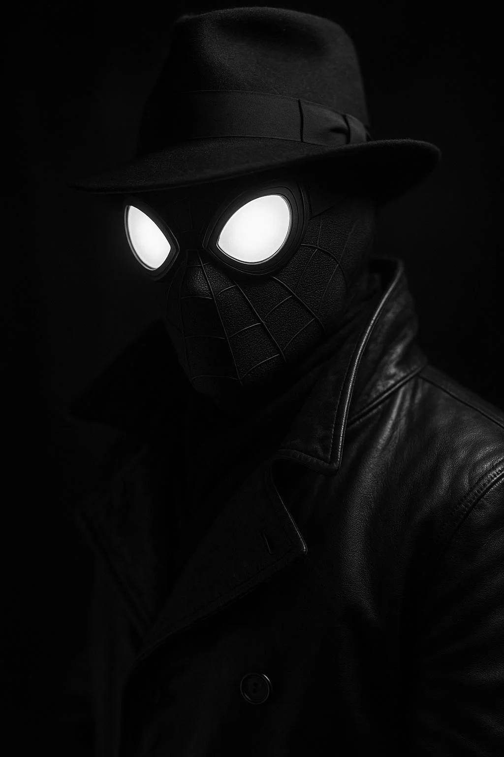 Close up portrait, Spider-Man noir, wearing leather trench coat, fedora hat, glowing Googles, dark background, dramatic lighting, black and white, cinematic, f/2.8, film still, 