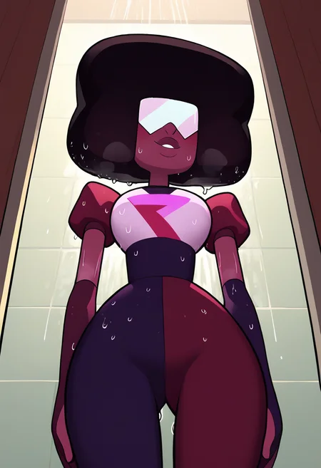 score_9, score_8_up, score_7_up,score_6_up, source_cartoon,glass shower cabin, very steamy, wet, wet body, showering, wet hair,condensation, soap, soap bubbles,, standing, from below,
BREAK
 g4rnet, 1girl, solo,colored skin, purple skin,puffy sleeves,  two-tone_pants, glasses, afro, elbow gloves, in heat,smug,  <lora:garnet-08:0.9>
