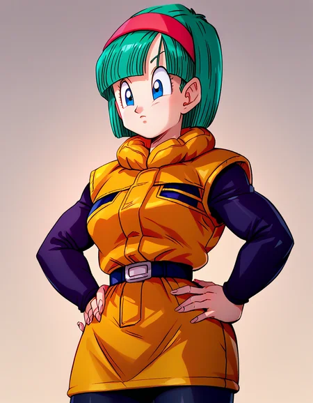 zPDXL, anime_source,
bulmaxl, 1girl, solo,
cowboy shot, black tights, hands on hips, red hairband, medium length hair, space jacket,
<lora:bulmaxl4-000003:1> ,
