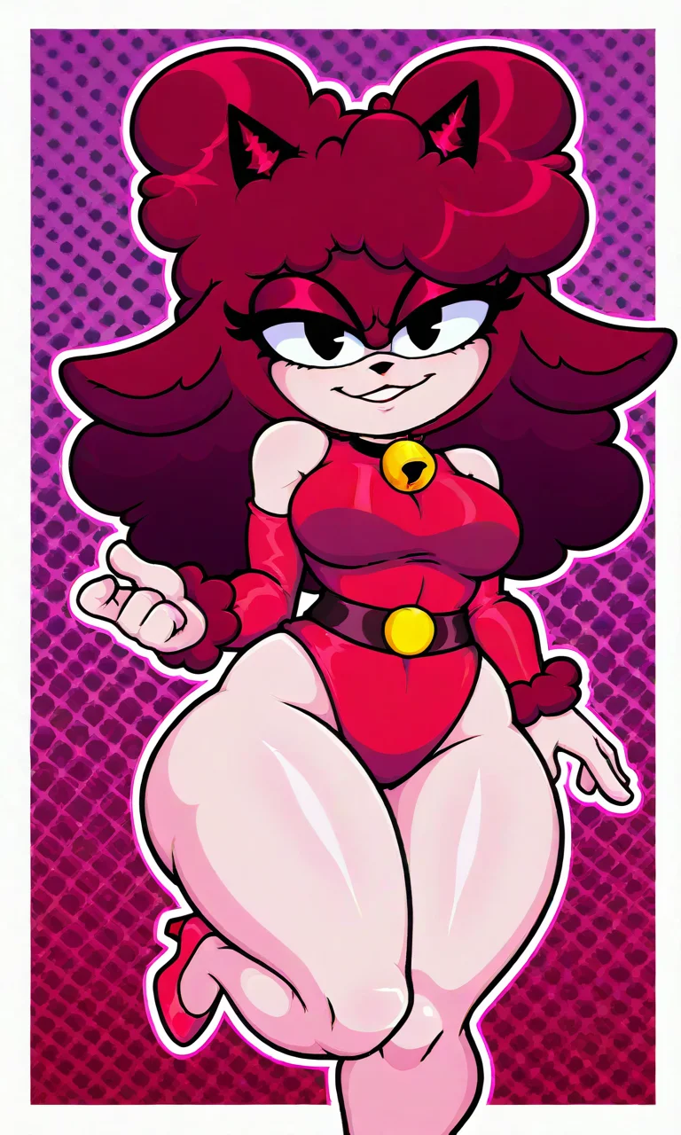 sheep_gf, red fur, horns, black eyes, fluffy hair, red heels, red leotard, belt, red arm sleeves || looking at viewer, smirk, 1girl, upper body, dynamic pose, masterpiece, best quality, amazing quality, very aesthetic, absurdres, newest, upper body, halftone effect, white borders, abstract background:1.2, wide hips, thick thighs, dynamic lineart