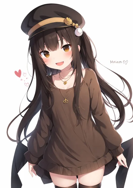 1girl, solo, thighhighs, hat, long hair, brown hair, black thighhighs, open mouth, smile, brown eyes, sweater, :d, blush, necklace, jewelry, looking at viewer, dress, white background, simple background, zettai ryouiki
<lora:amaki_natsuki-loha-v1.0:0.7>, (masterpiece,best quality)