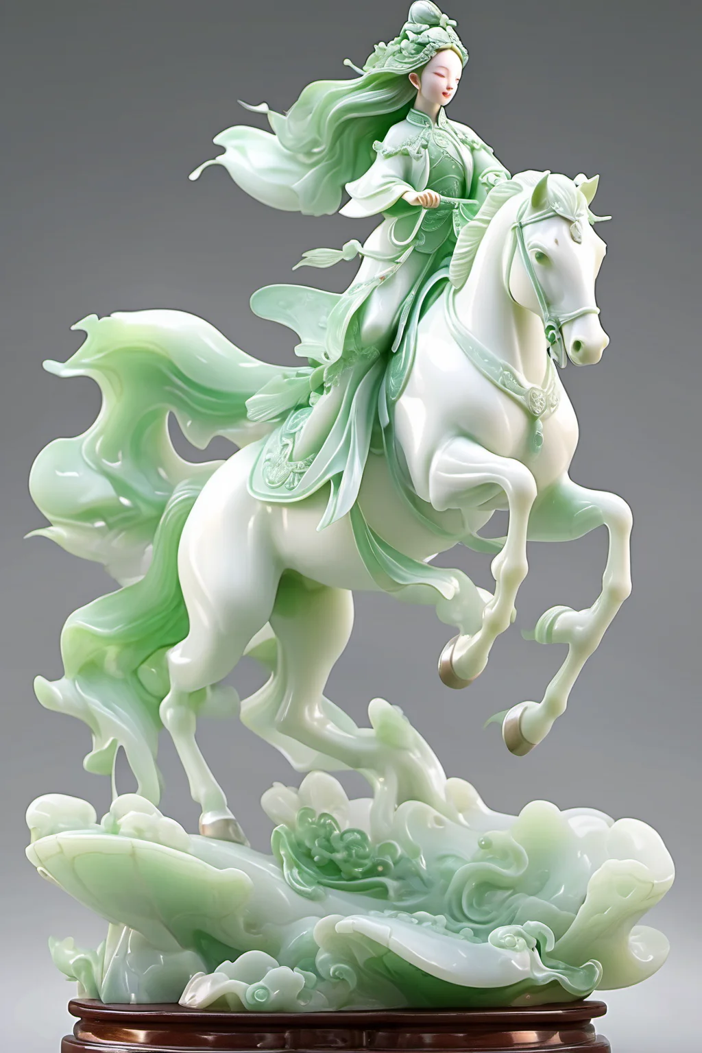 jade Sculptureï¼jade, realisticï¼1 girl, riding horse , pure white skin<lora:jade:0.9>