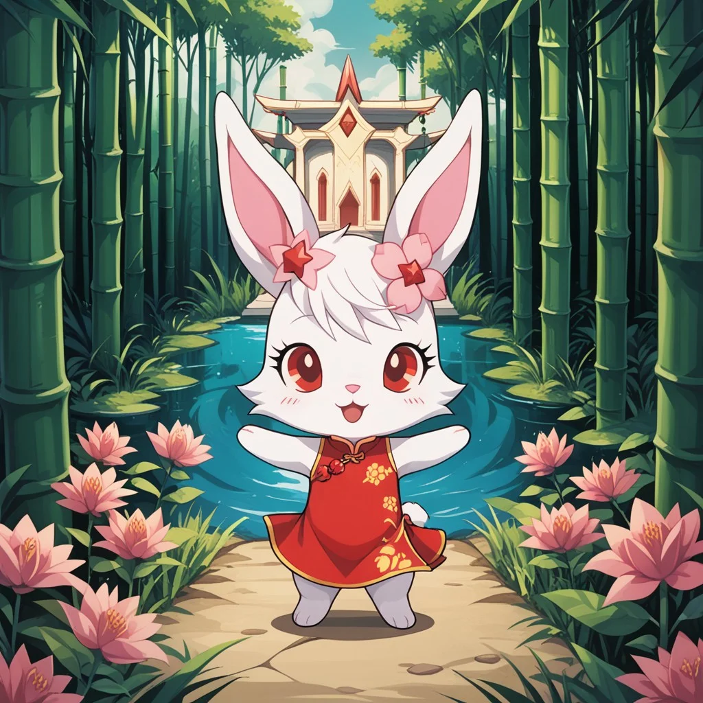 score_9, score_8_up, score_7_up, score_6_up, score_5_up,
best quality, masterpiece, Full Body, Romantic, Small Body, Furry, looking_pleasured, ru6y, anthro, female, jewelpet, furry, rabbit ears, solo, looking at viewer, hair ornament, red eyes, flower, :d, necklace, no humans, rabbit, chibi, short limbs, outside, zen castle, china dress, bamboo, bamboo forest, fire magic, temple, temple of fire