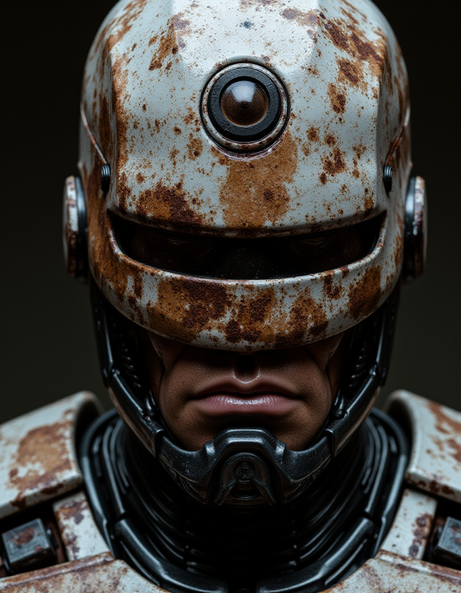 ((A close-up portrait)) Robocop, a dilapidated cyborg with mechanical armor, stained with blood and dust. Detailed metal textures, scars, damaged implants. Futuristic dystopian atmosphere, aggressive lighting with cold glare. Darksyber aesthetic, photorealistic style, , A close up view of the face of a robot. The robot's face is covered in brown and white paint. The eyes of the robot are covered in dark brown paint. There is a large circle in the center of the head that is black in color. There are ridges of the metal around the robot's neck and around the neck. The figure's neck is made up of a series of ridges and bumps that run vertically. The face of the figure is covered by the intricate paint.