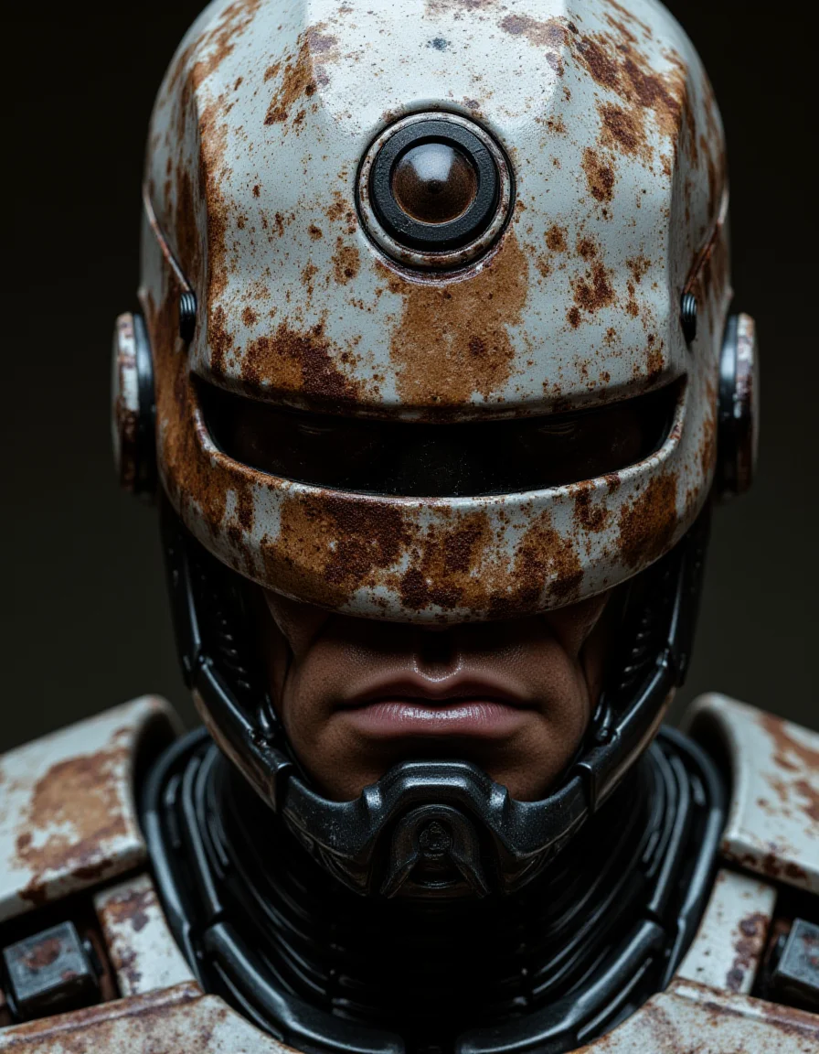 ((A close-up portrait)) Robocop, a dilapidated cyborg with mechanical armor, stained with blood and dust. Detailed metal textures, scars, damaged implants. Futuristic dystopian atmosphere, aggressive lighting with cold glare. Darksyber aesthetic, photorealistic style, , A close up view of the face of a robot. The robot's face is covered in brown and white paint. The eyes of the robot are covered in dark brown paint. There is a large circle in the center of the head that is black in color. There are ridges of the metal around the robot's neck and around the neck. The figure's neck is made up of a series of ridges and bumps that run vertically. The face of the figure is covered by the intricate paint.