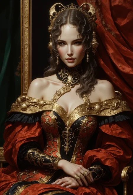 A Renaissance-style closeup portrait of an oil painting of a woman from the chest up sitting before a heavy velvet dressing screen, draped in a meticulously crafted Renaissance gown with modern embellishments. The off-the-shoulder dress, made of deep crimson velvet, features an embroidered golden corset laced with delicate black silk ribbons and a subtle digital luminescence outlining the brocade patterns. Her sleeves are long and flowing, gathered at the wrists with metallic clasps shaped like circuit patterns. Her pearl-adorned hair is woven with fine gold chains, while a sleek, futuristic data ring on her finger glows faintly in contrast to the antique jewelry adorning her wrists. She stares at the viewer with a subtle smile.