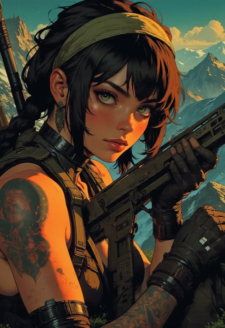 In the style of ff-td, nistyle, Silhouette Art, magnificent, crisp lines, closeup portrait of stunning mercenary, mountain top, overlooking a huge valley, beautiful girl, breasts, curvy, looking at viewer, laying on the ground, aiming a sniper rifle, dark braided hair, backwards hat, armor, sleeveless, arm sleeve tattoos, muscle tone, dogtags, sweaty, foreshortening, depth of field, at night, night, 
Closeup, detailed face, freckles,