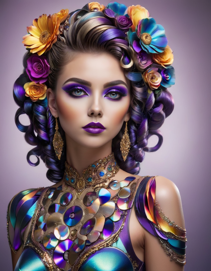 a close-up of a beautiful woman with intricate and vibrant makeup. Emphasize the details of her eyeshadow, eyeliner, and lipstick, incorporating a mix of bold colors like deep purples, blues, and golds. Envision an elaborate hairstyle with curls or braids adorned with flowers or accessories, creating a visually captivating overall look. Ensure the lighting highlights the intricate details of the makeup and hairstyle, showcasing the subject's beauty in a mesmerizing and artistic manner, made of ral-cmpctdsc <lora:ral-cmpctdsc:1>