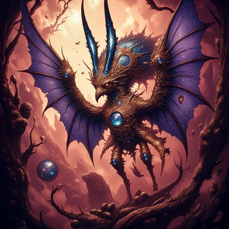 highly detailed, intricate, detailed background, famous artwork inspired by (jordan grimmer:1.3) and (anne bachelier:1.1) and (roger dean:1.3), dark fantasy style, fractal art, the "overly polite grouchwump" is an astonishing esoteric creature with swallorfluxed delicate wings, it is well camouflaged amidst the misty zorbgaffeling (skyborne islands:1.3) and (cloud-reefs:1.3) of the (hypnotic planet:1.4) "crimson colossus", golden ratio, in the style of ck-ovf, amanoer, arsmjstyle, dnddarkestfantasy, aidmamj6.1,
<lora:style-oneviolentfantasy-ep21-flux-by_chronoknight:0.36>
<lora:style-yoshitaka_amano-elden_ring-flux-by_alicient:0.32>
<lora:style-dnd_dark_fantasy-flux-by_arsmachina:0.8>
<lora:midjourney_61-v0.4-flux-by_aidma:0.76>
<lora:faetastic_details-flux-by_faeia:0.6>
