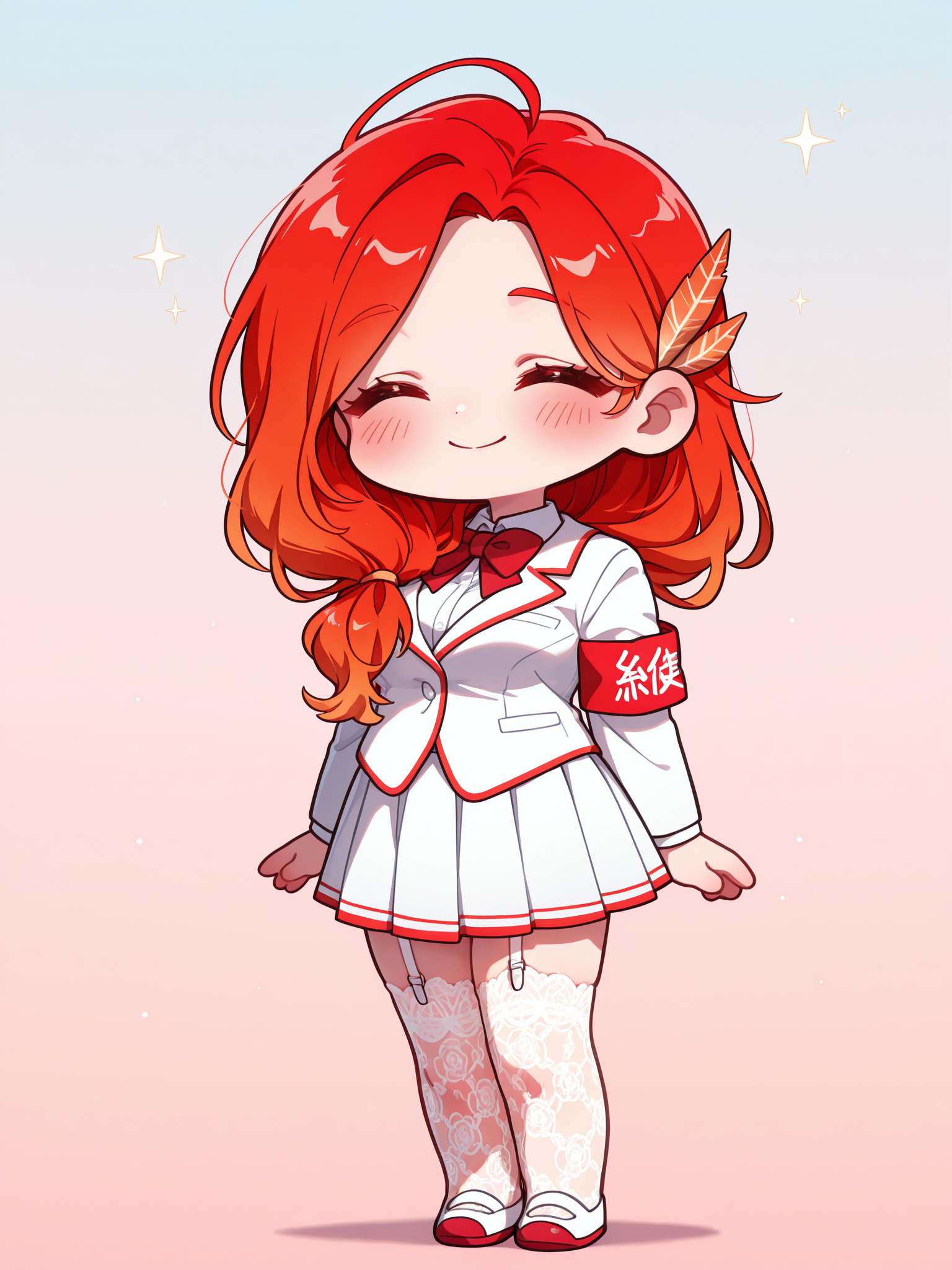 <lora:AkaneXL:1>, Akane_YS, 1girl, closed eyes, school uniform, red bowtie, armband, long hair, pleated skirt, feather hair ornament, lace legwear, garter straps, blush, smile, hair over shoulder, medium breasts, 
masterpiece, best quality, amazing quality, very aesthetic, absurdres, newest, [lazypos], gradient background, <lora:cfg_scale_boost:0.9> <lora:spo_sdxl_10ep_4k-data_lora_webui:0.4> <lora:retrocute:1> <lora:omoyunakyu715-_style_Illustrious:0.3> omoyu_nakyu715, chibi, red uwabaki, full body, solo,