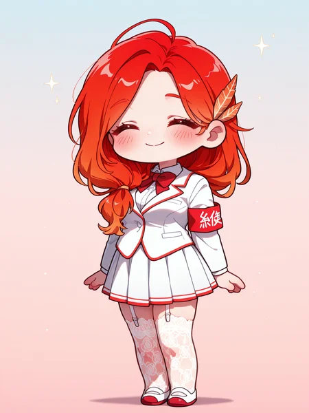 <lora:AkaneXL:1>, Akane_YS, 1girl, closed eyes, school uniform, red bowtie, armband, long hair, pleated skirt, feather hair ornament, lace legwear, garter straps, blush, smile, hair over shoulder, medium breasts, 
masterpiece, best quality, amazing quality, very aesthetic, absurdres, newest, [lazypos], gradient background, <lora:cfg_scale_boost:0.9> <lora:spo_sdxl_10ep_4k-data_lora_webui:0.4> <lora:retrocute:1> <lora:omoyunakyu715-_style_Illustrious:0.3> omoyu_nakyu715, chibi, red uwabaki, full body, solo,