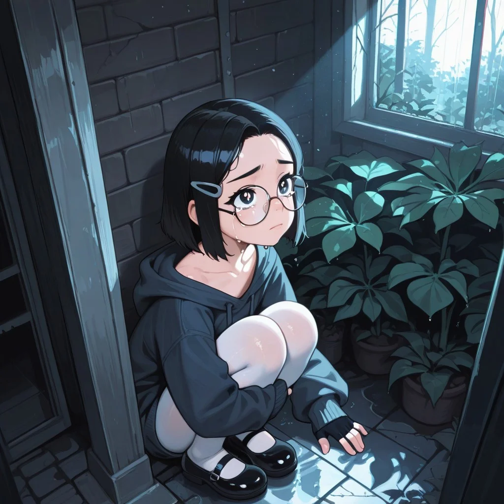 8K,Candid shot of a stunningly girl,Amazing Details:1.4 cinematic lighting,side lightning,colorful,Natural Volumetric Lighting And Best Shadow, Deep Depth Of Field, Chromatic Aberration, Portrait Of Stunningly Beautiful Girl,8K,absurdres, highres,
BREAK,
(perspective, sitting, looking up, sad, tears, crying with eyes open, on knees)
BREAK,
1girl, solo, star shaped pupils, black eyes, black hair, short hair, parted hair, straight hair, two-tone hair, black eyelashes, round glasses, hair clip, transparent glasses, oversized hoodie, collarbone, ripped clothes, white pantyhose, mary janes, fingerless gloves, 
BREAK,
totoro bus stop , studio ghibli backgrounds, warm light, dappled light, sunbeam, fan, gargabe:0.2, dirty wall, wet floor, climbing plants, ruins, brick floor, broken window, sunset, rain, 
BREAK,
(artist:moriimee, possmach,detailed,)