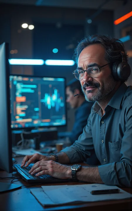 YFG-Th3Dud3 a tech-savvy 57-year-old coder, short peppered beard, surrounded by glowing screens in a futuristic workspace