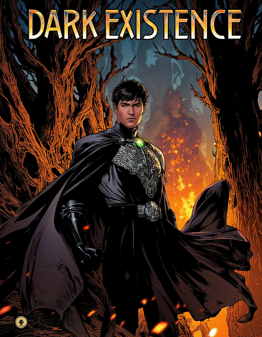  <lora:martoonia:0.85> martoonia, A vibrant, Marvel cartoon-style illustration depicting a dramatic scene of darkness and light, set against the backdrop of a mystical, ancient forest at dusk. The main subject, a young man with dark, mysterious skin and an athletic build, stands tall with an air of confidence, his short, spiky black hair styled in a messy, windswept fashion. His eyes glow with an ethereal, emerald green light, a testament to his otherworldly powers. He wears a sleek, high-collared black costume adorned with intricate, silver tribal patterns that seem to shimmer and glow in the fading light, complete with a flowing, tattered black cape that billows behind him. His facial expression is one of fierce determination, his jaw set and his eyes blazing with inner fire. The lighting is warm and golden, with the soft, orange glow of sunset filtering through the trees, casting long, ominous shadows across the forest floor. The atmosphere is thick with an air of foreboding, the trees twisted and gnarled with age, their branches like skeletal fingers reaching towards the sky. In the background, hints of a dark, malevolent presence lurk just out of sight, the air distorted by dark, swirling energies. The shot is a wide-angle, dynamic shot, with the camera angled low to emphasize the hero's powerful stance. The image features a bold, graphic style with thick lines, vibrant colors, and dramatic shading, reminiscent of classic Marvel cartoons. The overall mood is one of dark, gothic intensity, with a hint of supernatural mystery. The texture is smooth and digital, with a slight grain effect to give it a comic book feel. The scene is framed by a subtle, ornate border, with the title "Dark Existence" emblazoned across the top in bold, gothic letters. . 35mm photograph, film, bokeh, professional, 4k, highly detailed