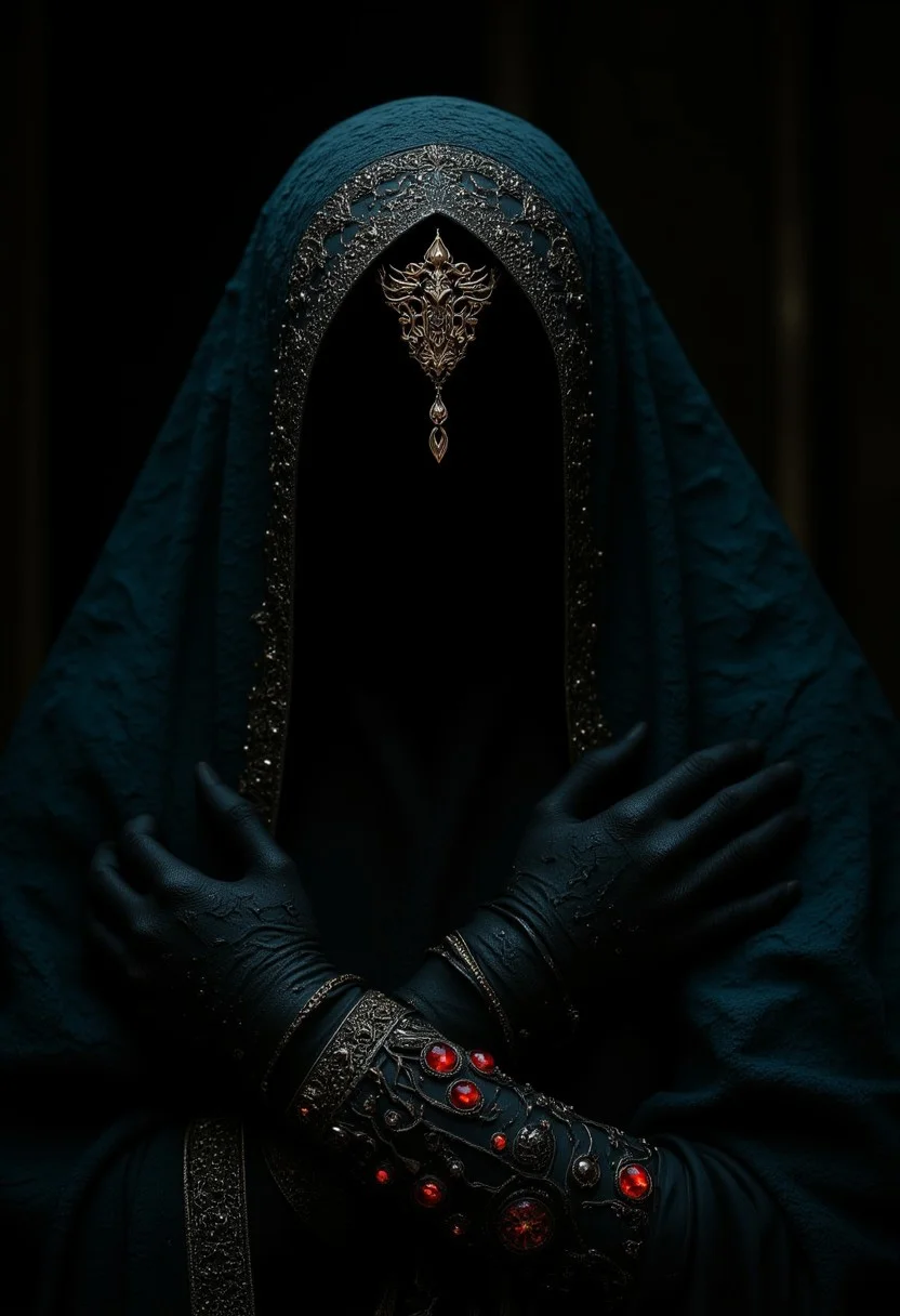In this captivating dark fantasy portrait, a mysterious veiled queen stands proudly, exuding an aura of power and silent command. Her face, partially obscured by an enigmatic veil, is shrouded in shadow and intrigue. The queen's ornate crown, adorned with striking crimson details, contrasts against the deep teal and black color palette. The low-key lighting creates a dramatic atmosphere, with shadows adding depth to the exquisite textures of her regal attire. The background is dark and mysterious, heightening the sense of secrecy and allure. The cinematic style, achieved through a shallow depth of field and high ISO for grain, combined with a 85mm lens, captures the queen's regal presence in a realistic yet dreamlike manner., dark fantasy, cinematic