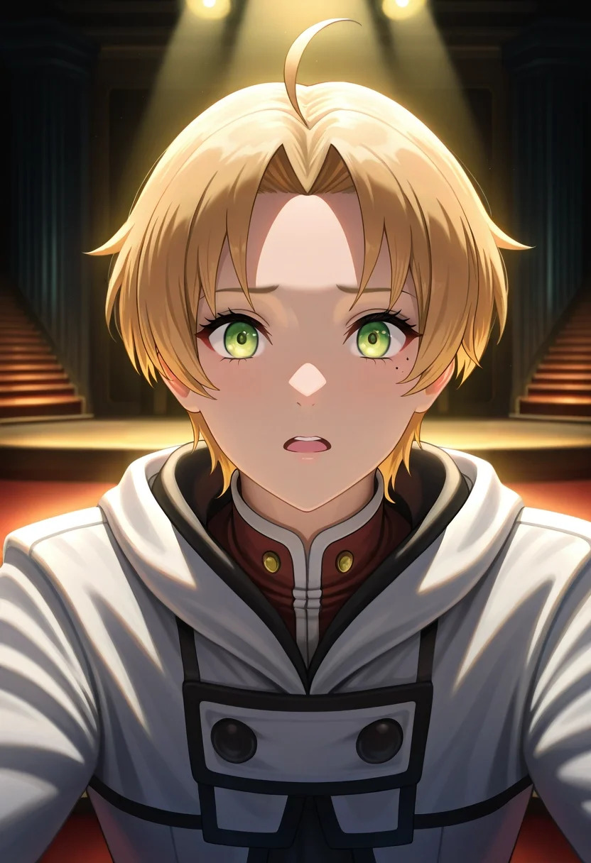 masterpiece, best quality, , (photorealistic:0.6), looking at viewer, 1boy, solo, male focus, <lora:rudeus_greyrat_ilxl:0.92>, rudeus_greyrat, blonde hair, green eyes, short hair, bangs, parted bangs, ahoge, mole under eye, , crystal theater, gem stage, light seats, performance halls, watching pose, entertained expression, stage lighting,