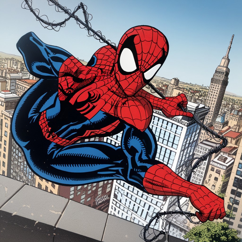 Erik Larsen Pencil Style,core_9, score_8_up, score_7_up, score_6_up,detailed,masterpiece,8k, spider web, city, city skyline,outdoors, 1boy, spider-man, holding web, spider-man pose, spider webs, webs, webswinging